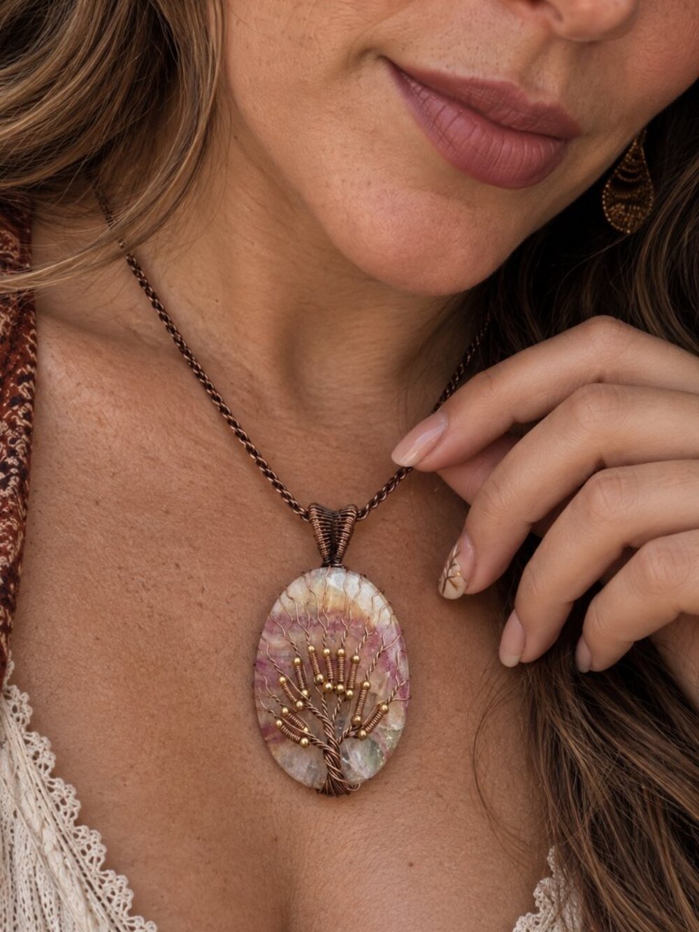 Tree of Life Solar Agate Pendant Necklace Copper Wire Wrap Boho Artisan 16"L